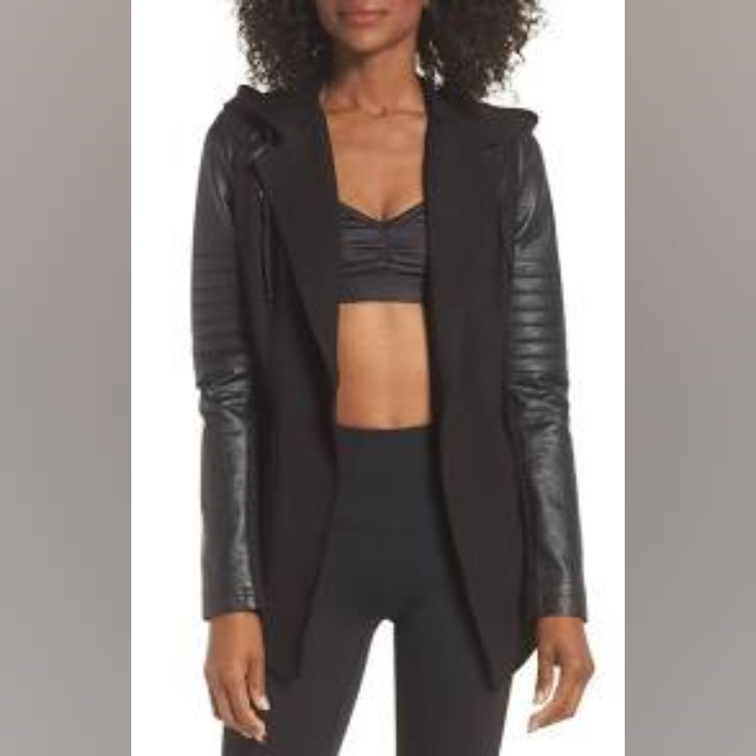 Blanc Noir Black Blazer With Hood & Faux Leather Sleeves Size S Very Gently Use
